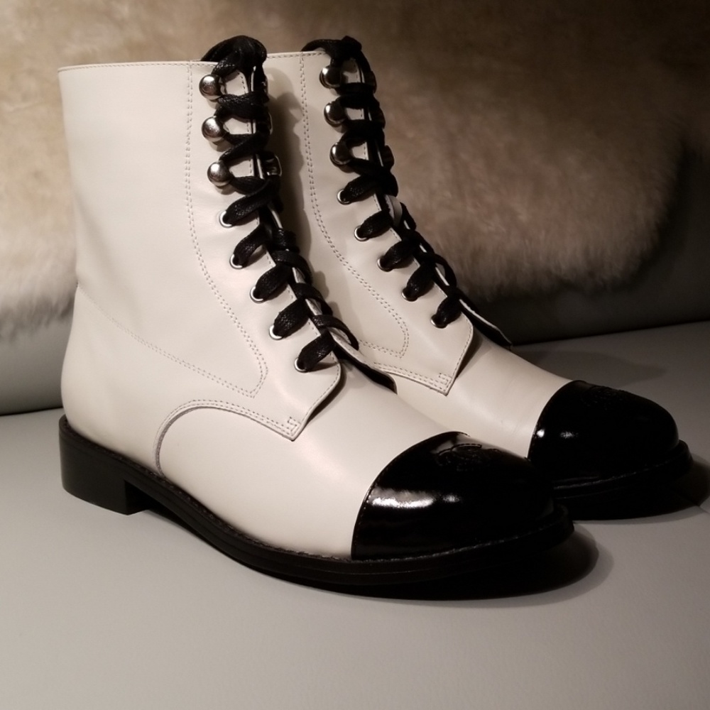 New Chanel Lace Up Boots Black-White